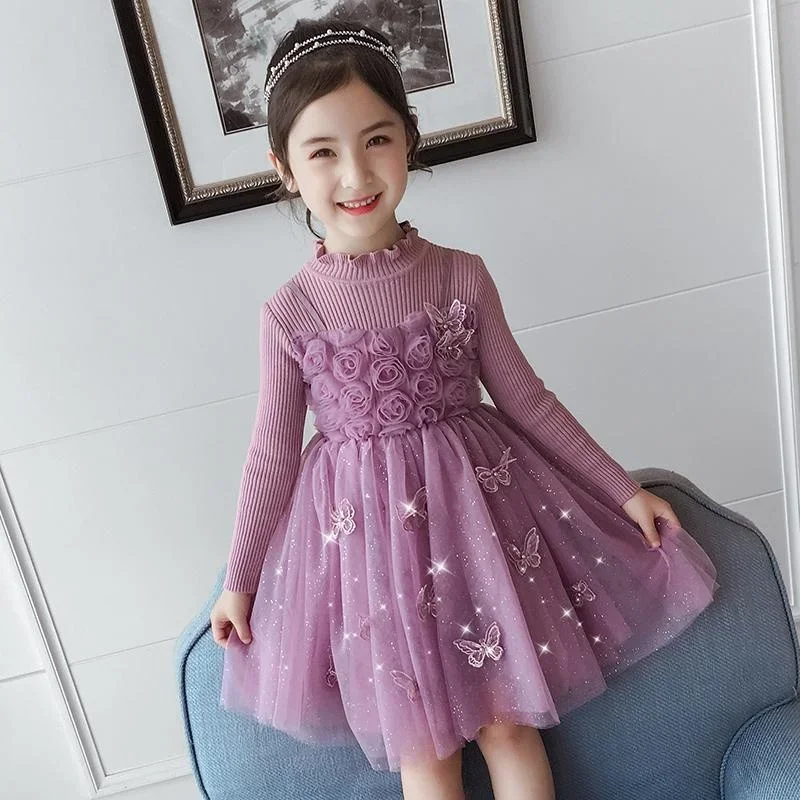 Autumn Flower Party Dresses For Teen Girl Butterfly Dress Elegant Children's Korean Princess Plush Frocks Little Girls Clothing