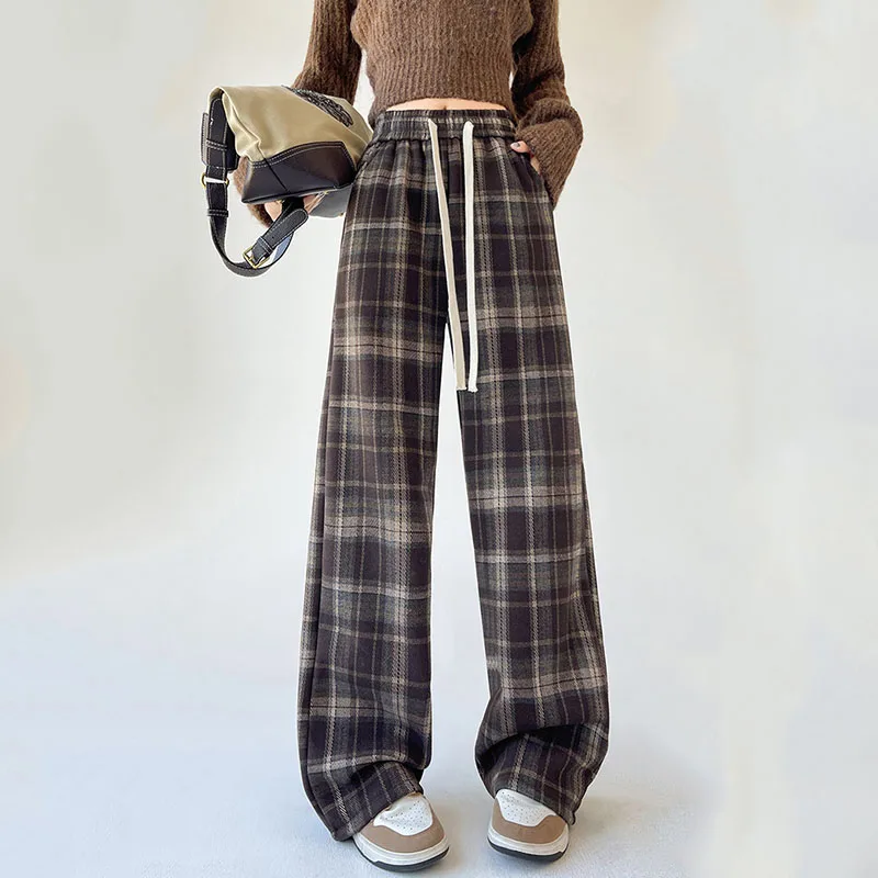 Vintage High Waist Wool Plaid Wide Leg Pants for Women, Autumn Winter Casual Fleece Straight Pants, Full Length Capris