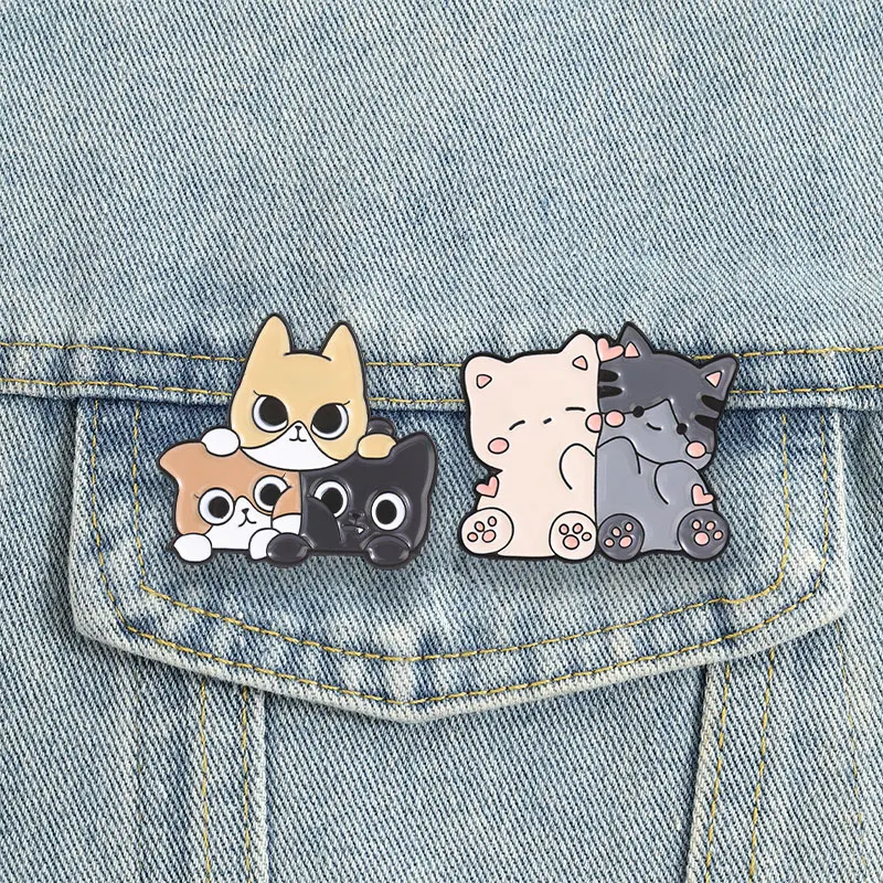 Hugging Stacked Cats Enamel Pins Kawaii Couple Kitten Group Brooches Fluffy Pet Badges Cute Animals Jewelry Gift for Friends