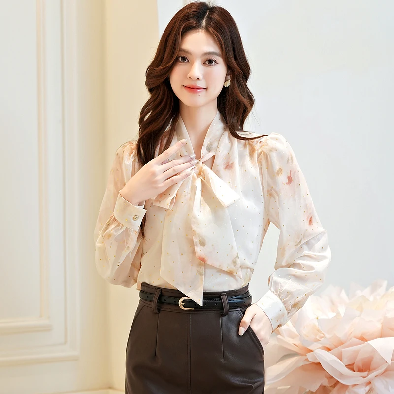 بلوزة قميص نسائية جديدة بأكمام طويلة وياقة على شكل فيونكة مطبوعة قميص شيفون بلوزة نسائية بلوزات قمصان Blusas Para Mujer 2025 Q740