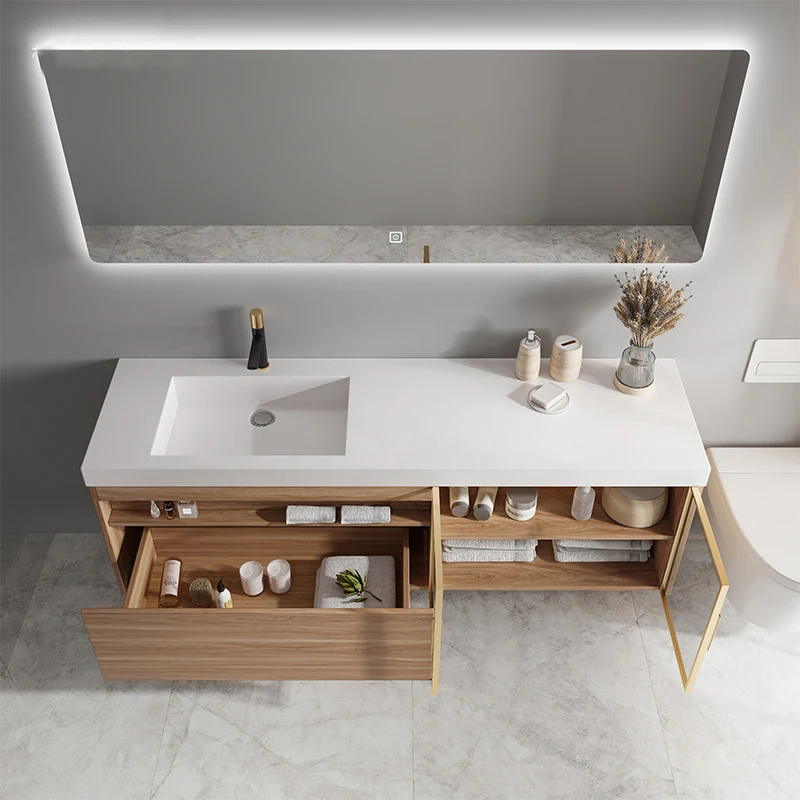 Modern style solid wood integrated marble countertop bathroom single sink vanity cabinet