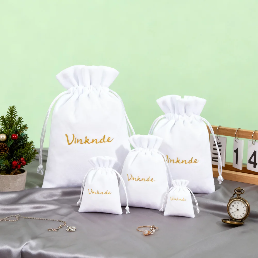 

Custom White Velvet Jewelry Pouch Bag with Drawstring for Earrings Necklaces Rings Personalization Logo Travel Perfume Organizer