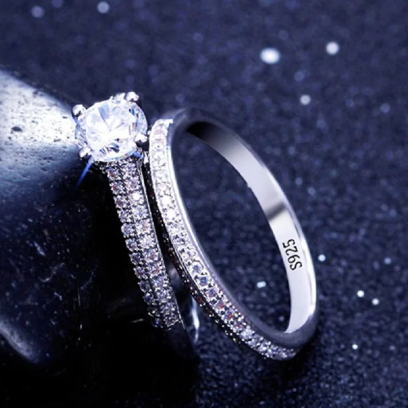 1 par de anillos de boda vintage Halo de plata de ley 925 para mujer, regalo de aniversario, joyería, venta al por mayor