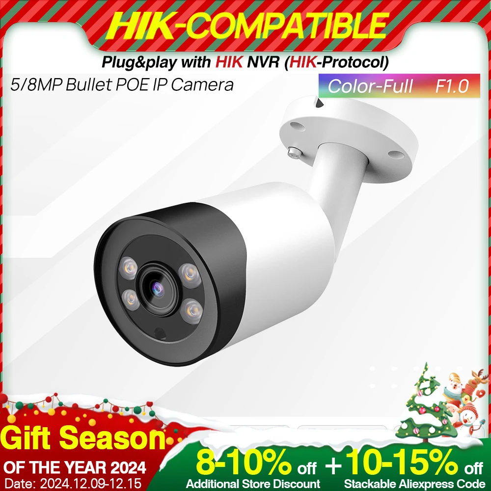 Hikvision Compatible 4K COLOR NIGHT CAMERA 8MP Full Color ColorVu Bullet IP Camera Colorful 5MP Security CCTV PoE Build in Mic