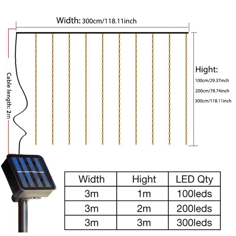 300Leds Solar Curtain Light Outdoor Fairy Garland String Lights 8 Modes Wedding Party Garden Decor Christmas Holiday Lighting image 6