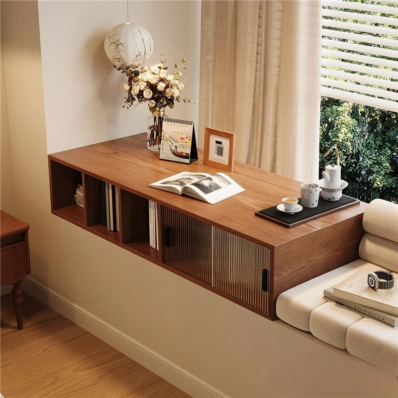 Solid wood bay window storage cabinet, vintage bedroom balcony vanity cabinet, hotel desk, integrated glass sliding cabinet