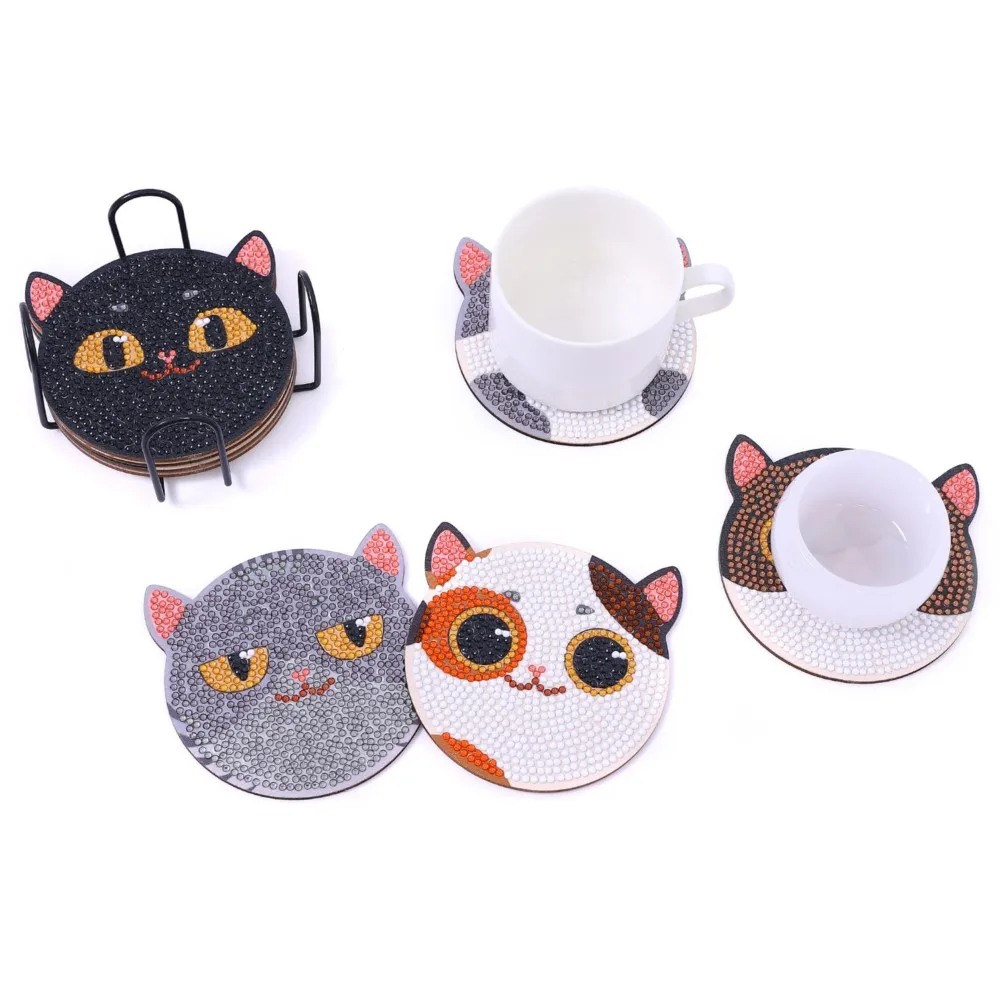 

Hot Selling 8 Pieces Of Kitten Handmade DIY Irregular Shape Wooden Spot Drill Heat Insulation Anti Slip Coaster With Bracket