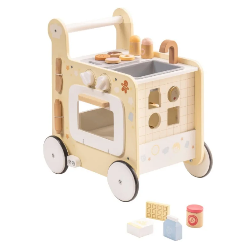 

Robotime Wooden Baby Push Walker Learning Walker 4 in 1 Activities Center Monetessori Walker Education Toys with Bakery Kitchen