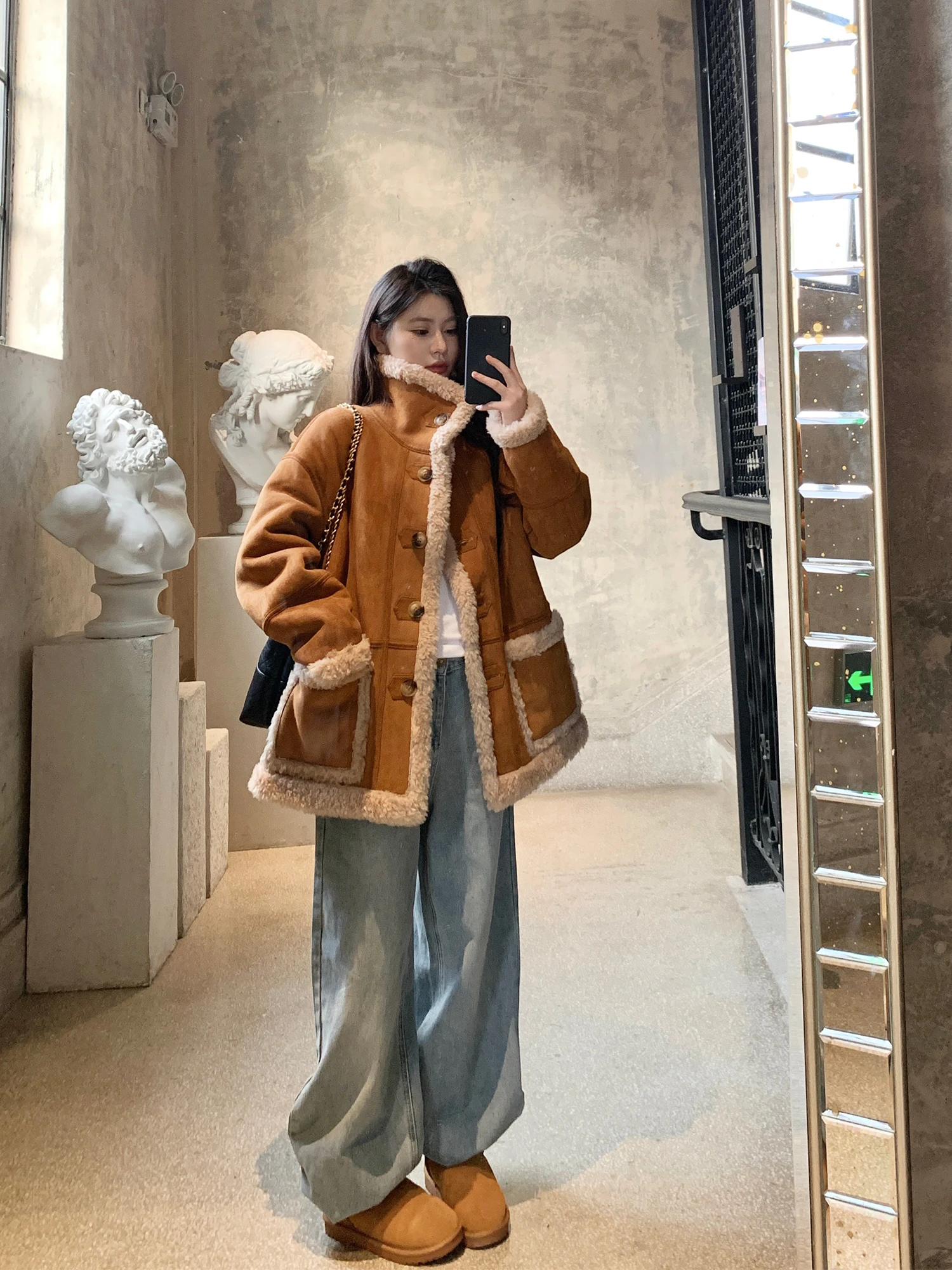 

Двусторонняя шерстяная замшевая куртка женская, полностью шерстяная, с меховой подкладкой, повседневная, удлиненная, стандартной длины