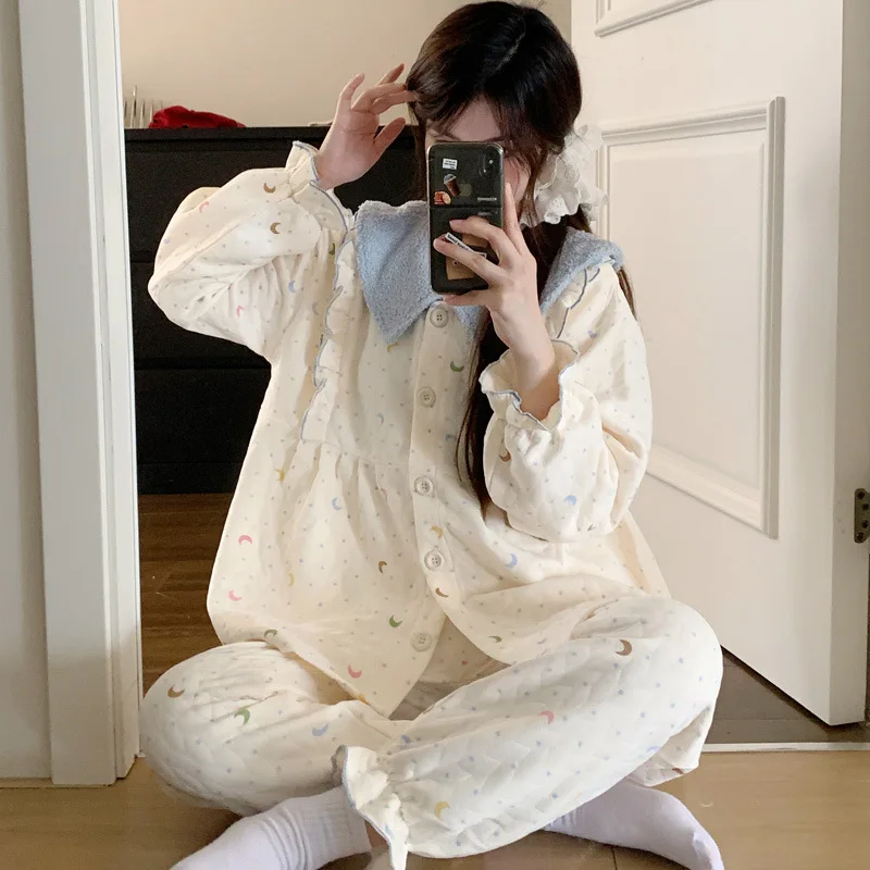 Conjunto de pijamas de algodão puro feminino outono inverno quente mangas compridas pijamas bonito confortável homewear aconchegante loungewear pijamas