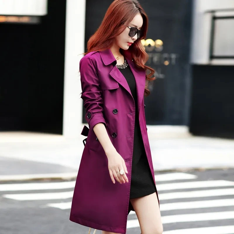 Purple Windbreaker Women\'s Mid-Length Trench Coat 2023 Spring New Korean Slim Waist British Casual Autumn Coat With Belt Outwear