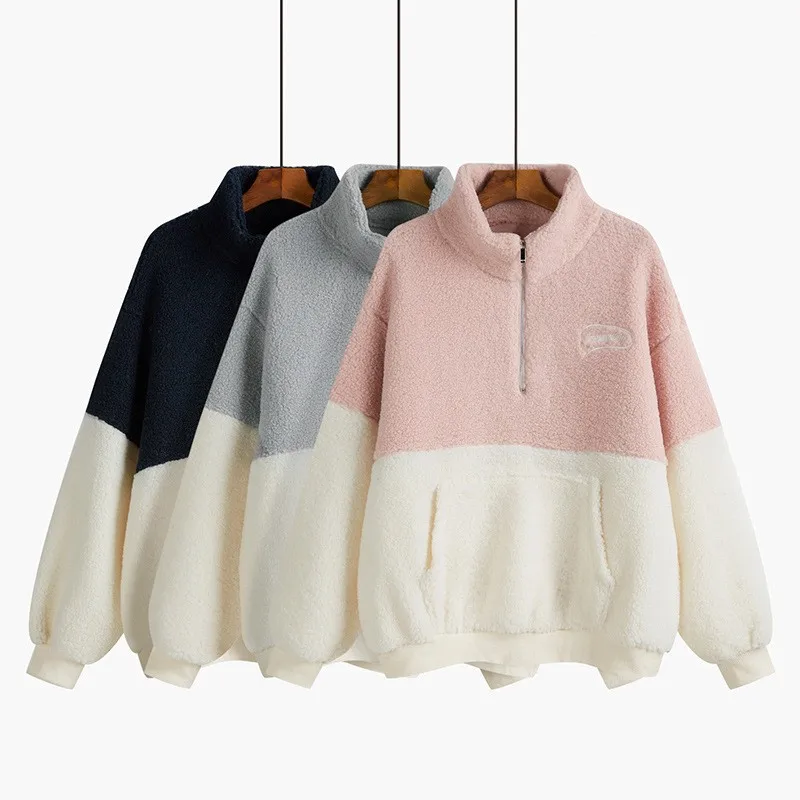 Cashmere Half High Collar Hoodies Women Thicken Loose Korean Autumn Zipper Coat Fashion Embroider Letters Sweatshirt Femme