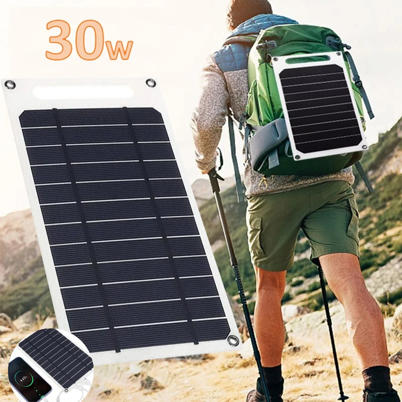 30W Solar Panel With USB Waterproof Outdoor Hiking And Camping Portable Battery Mobile Phone Charging Bank Charging Panel