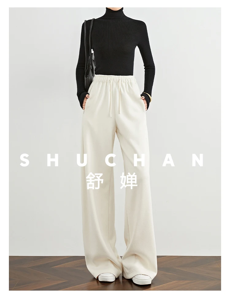 

Soft Fleece Beige Wide-leg Pants Straight Tube Drape Extended Woolen Loose Casual Pants Women Winter