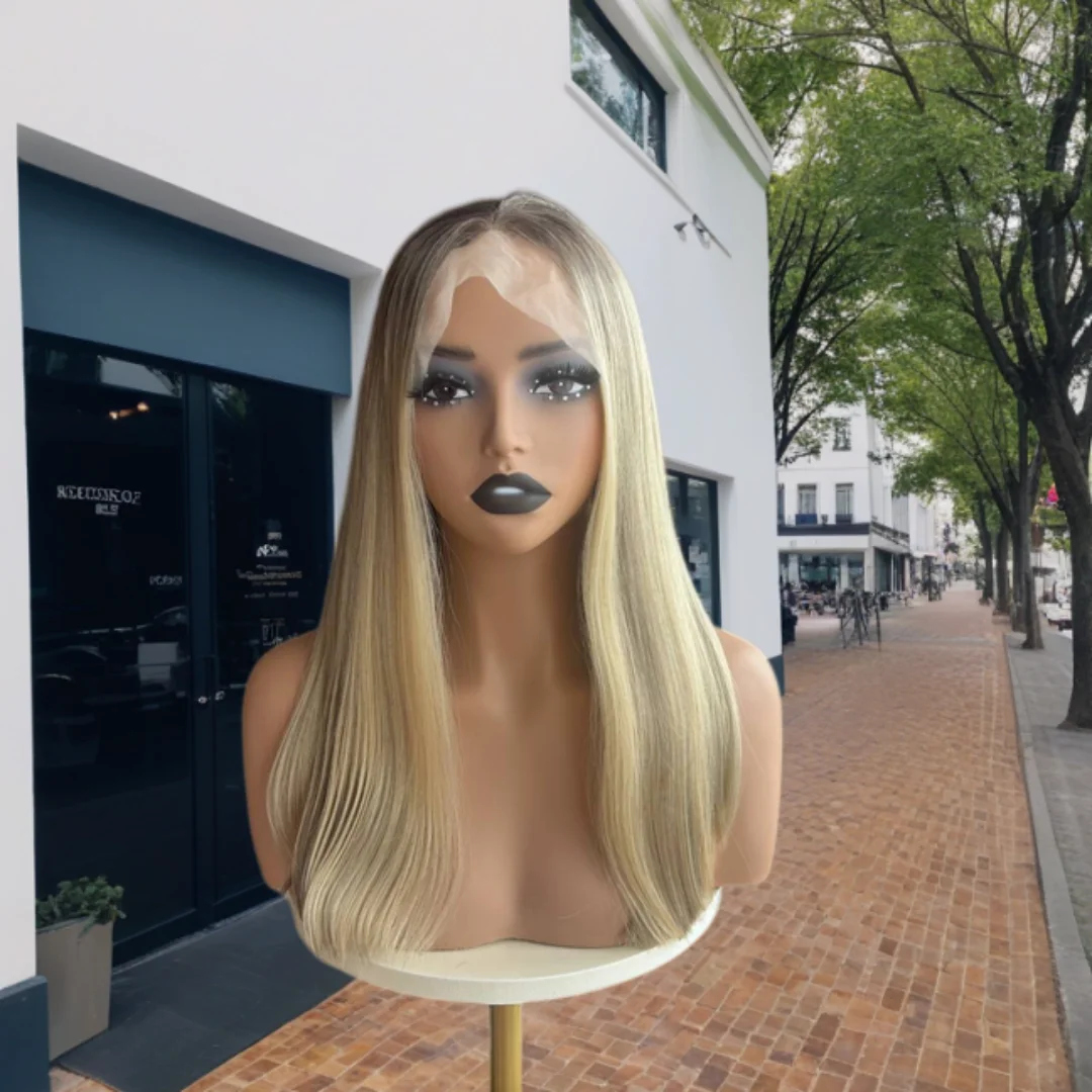 Honey Blonde Highlighted Short Straight Bob Synthetic Wig for Women 13x4 Lace Frontal Dark Roots Natural Look Realistic Wig