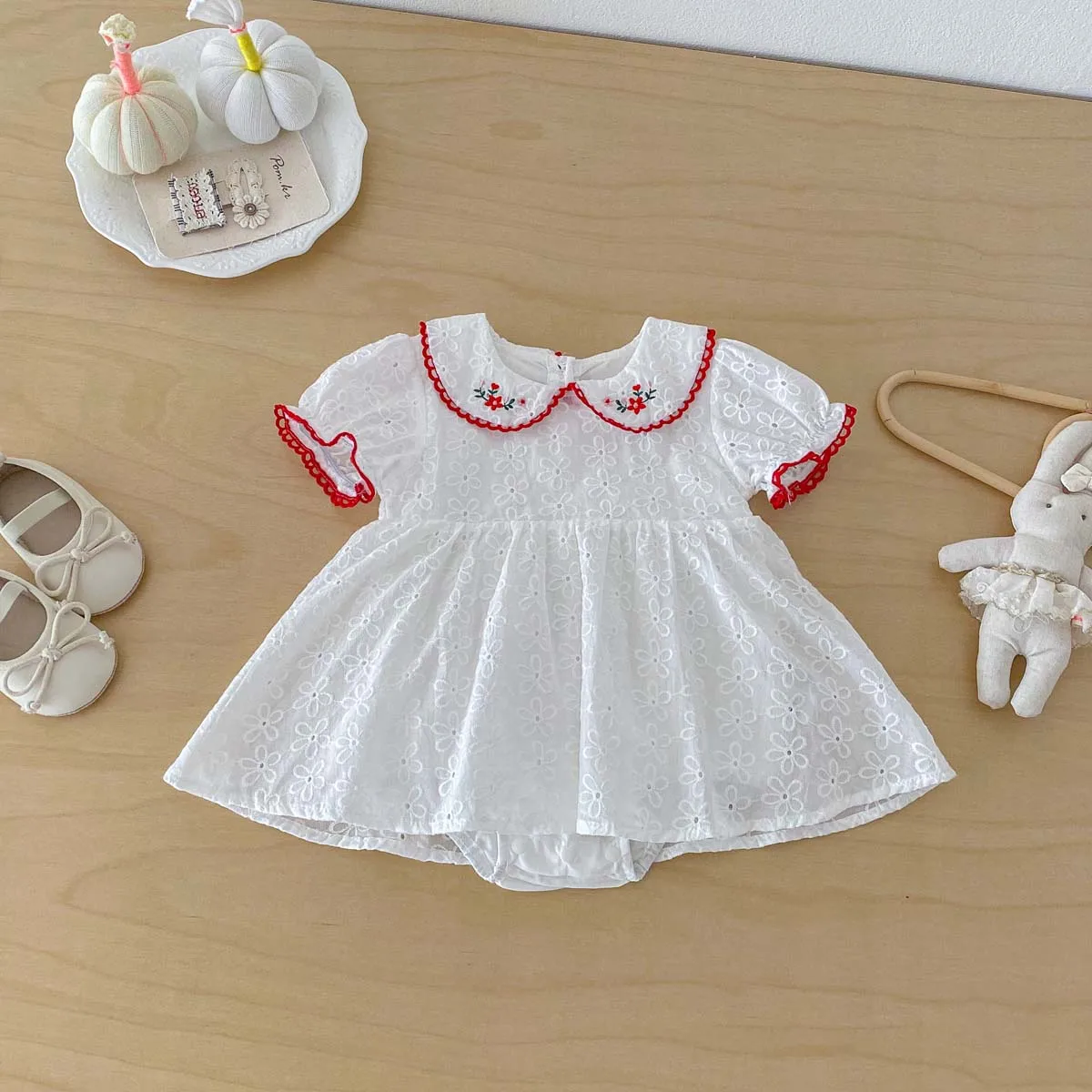 Baby Girl Summer Floral Embroidery Peter Pan Collar Short Sleeve Princess Party Dress