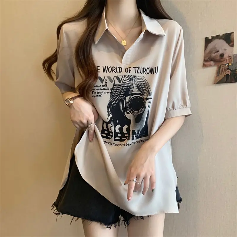 

Fashion Lapel Printed Slit Asymmetrical T-Shirt Female Clothing 2024 Summer New Loose Casual Tops Korean Irregular Tee Shirt