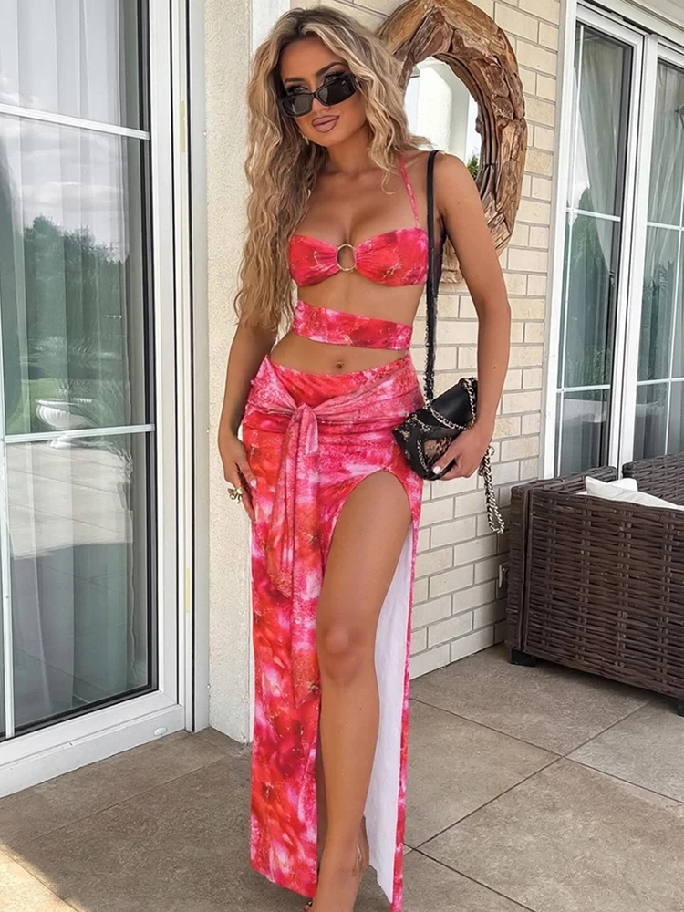 Sisterlinda tie dye swim festa maxi vestido sexy halter bandagem cortar cintura bandagem bodycon mujer férias hipster vestidos