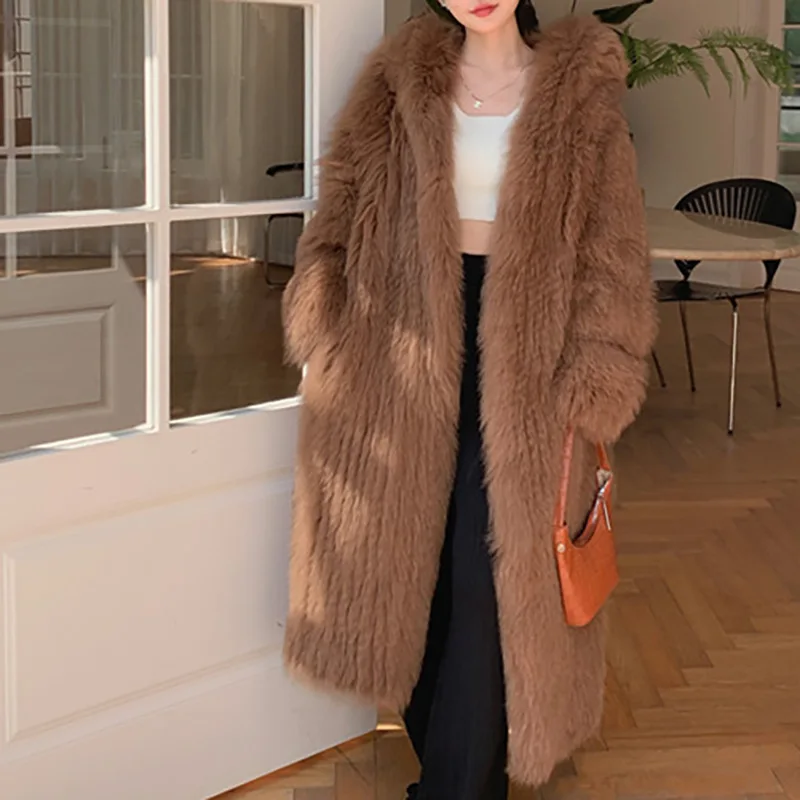 Long Fox Fur Coat Winter Female Double-Sided Knitted Hooded High Quality Simple 110cm Length Coffee Real Fur Jackets for Women