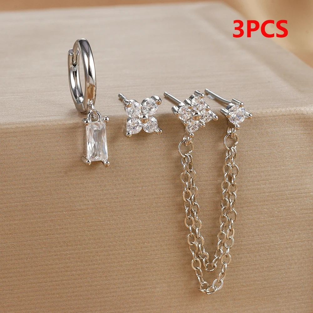 3PCS Fashion Double Ear Hole Chain Crystal Ear Stud Earring Set For Women Square Pendant Piercing Hoop Earring Piercing Jewelry