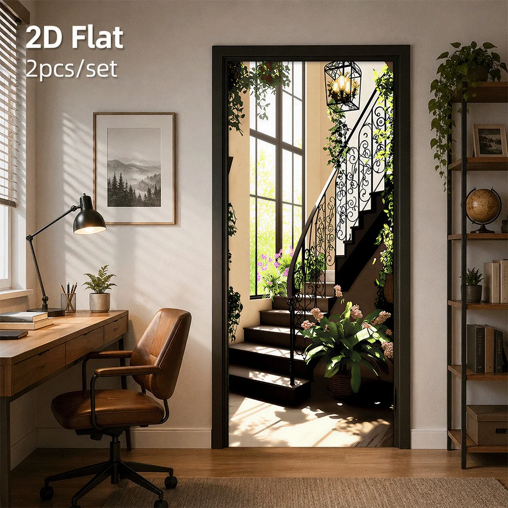 1 piece of European retro iron staircase door sticker with natural green plant sticker self-adhesive removable 2D flat surface