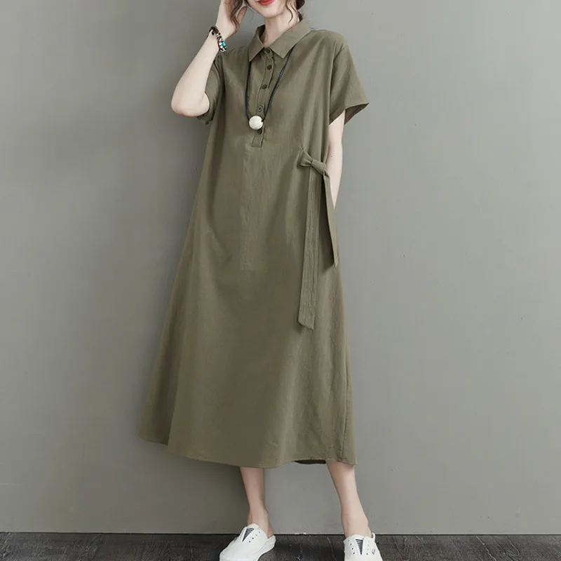 #3247 Black Grey Green Cotton And Linen Dress Women Turn-down Collar Button Midi Dress Female Short Sleeve Loose Vintage M-5XL