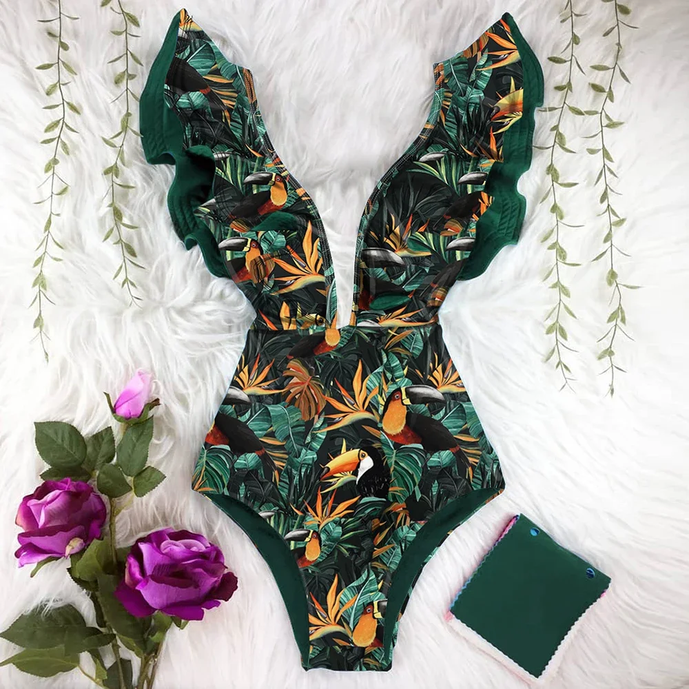 2022 New Sexy Ruffle Print Floral One Piece Swimsuit Off The Shoulder Swimwear Women Solid Deep-V Beachwear Bathing Suit Monkini