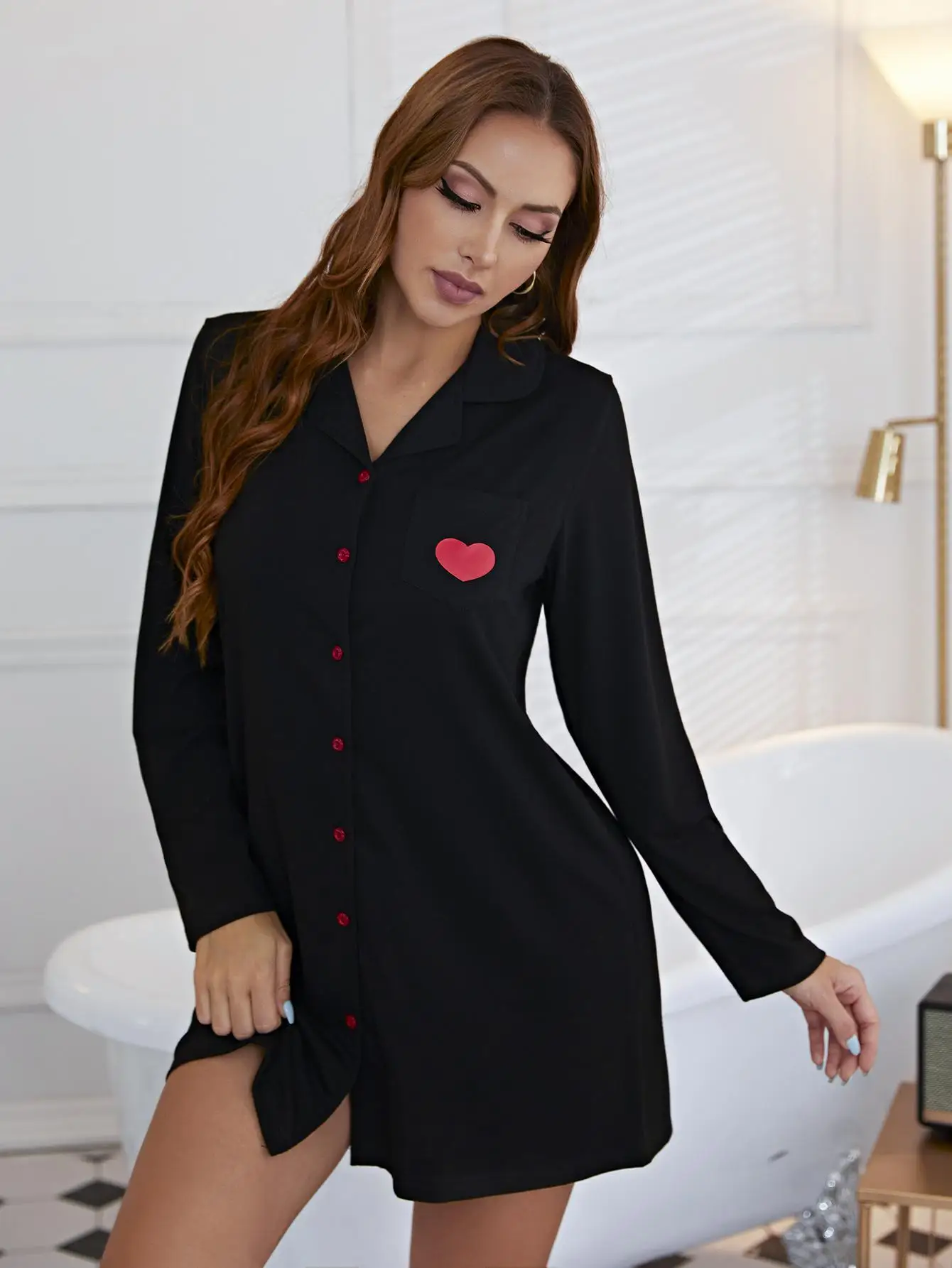 Heart Print Women\'s Pajamas Dress Front Button Down Black Sleepwear Notched Collar Nightgown Long Sleeve Nightwear Homewaer Suit