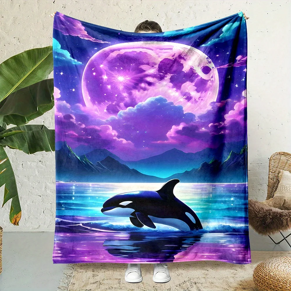 Fantasy Starry Purple Moon Seascape Jumping Orca Night Landscape Print Flannel Blanket Cozy Throw for Couch Travel Indoor Home