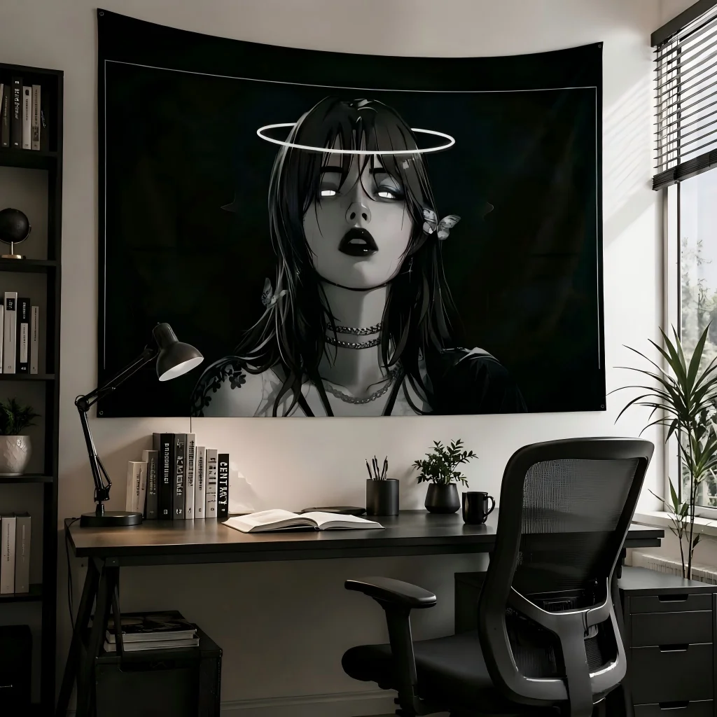 Dark Grunge Aesthetic Girl Tapestry,Edgy Alt Wall Blanket,Gothic Black Tone Art Wall Hanging,Bedroom Dorm Background Home Decor
