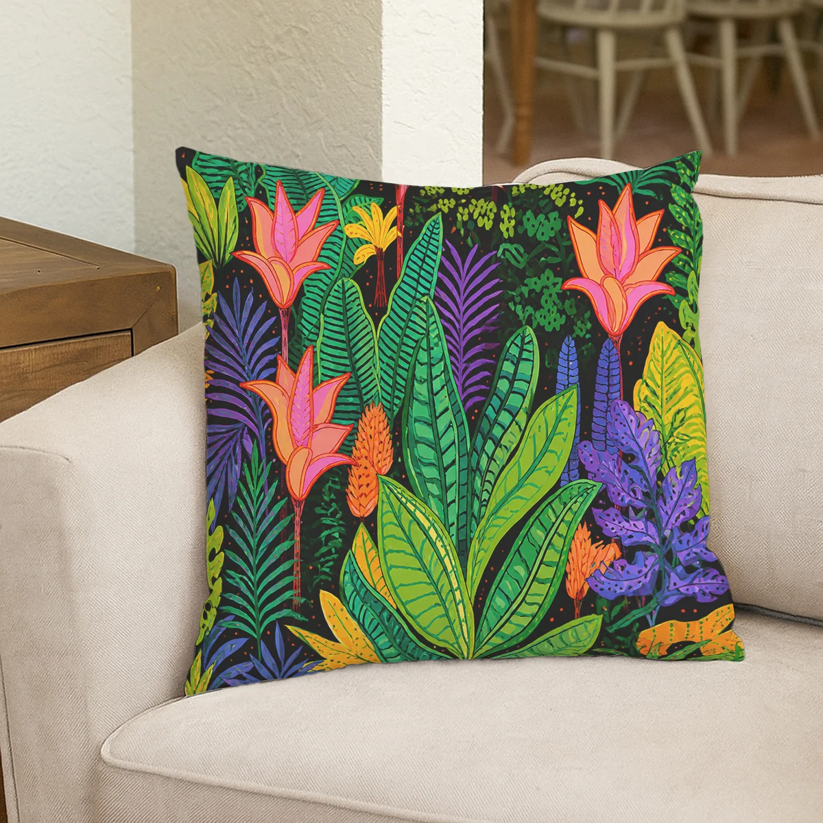 Vibrant Lotus & Wave Pattern Polyester Pillow Cover - Stylish 2D Printed Cushion Case for Home Sofa, Bedroom Decor