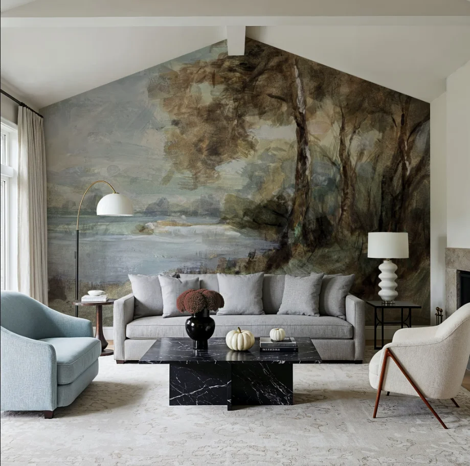 Customized Size Mural Tree Mountain Range River Jungle Oil Painting Wallpaper Birch Forest Grassland Grey Sky Mural Decoration