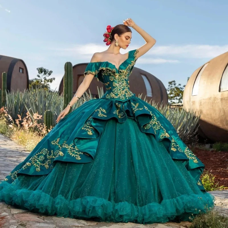 

Women’s Sparkle Beaded Quinceanera Dresses Appliques Sequined Off Shoulder Ruffle Ball Gowns Vestido De 15 Años Sweet 16