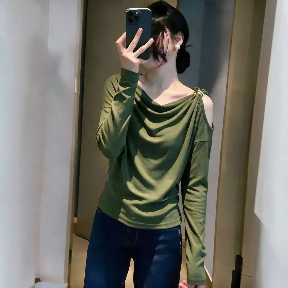 Sexy Draped Collar Long Sleeve Blouse Women Off Shoulder Slim Tee Elegant Casual Basic Top Autumn Stylish Clothing