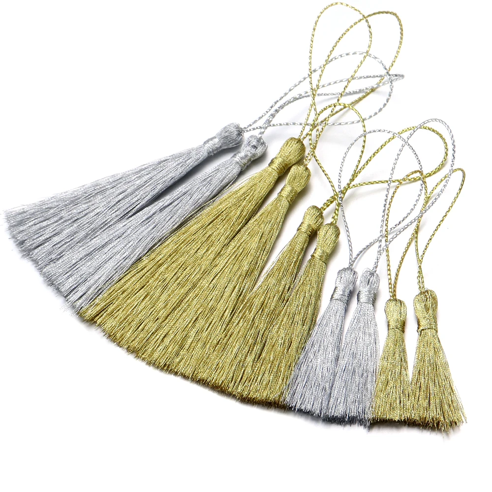 30 pcs/Pack Gold Silver Color Tassels Polyester Silky Fringes with Cord Loops for DIY Bookmark Jewelry Craft Handmade Materials