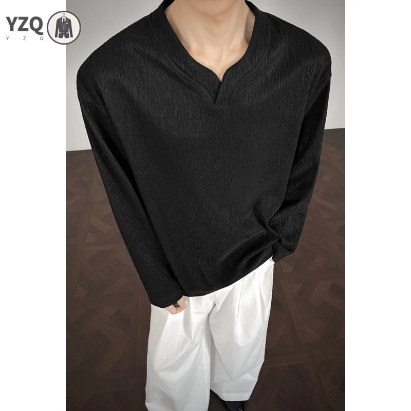 Mens Casual Notched V Neck Long Sleeve Tee Wrinkle Pleat Weave Loose Cut For Weekend Gathering Outing Scenes