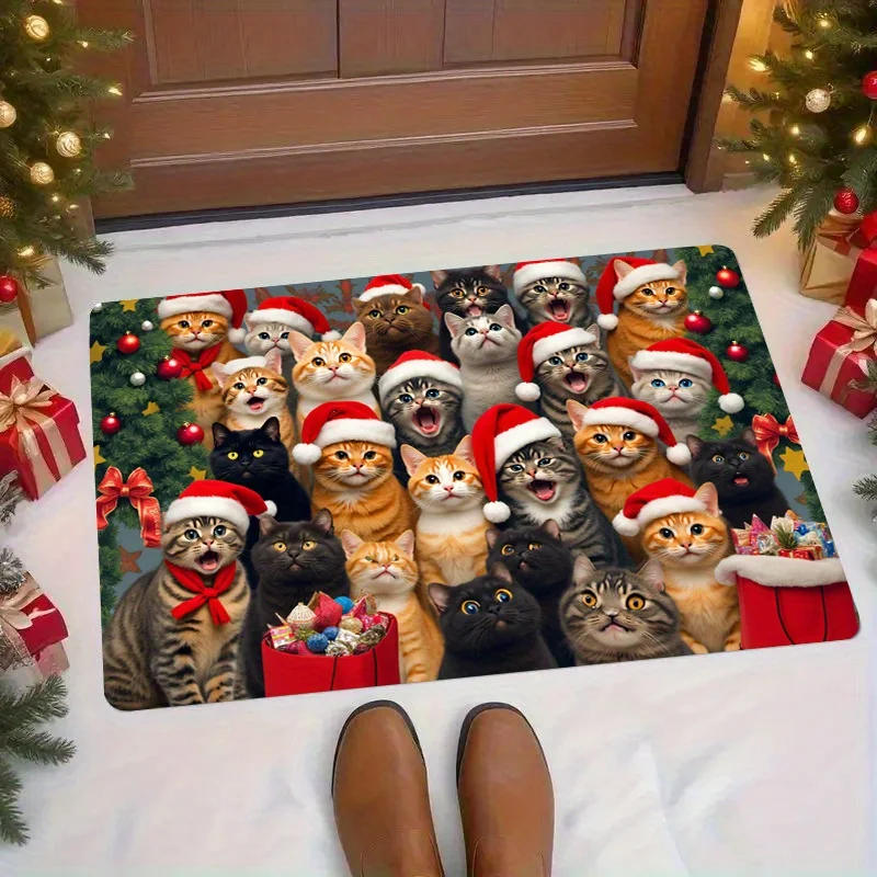 Merry Christmas Cat Rectangular Area Rug Cute Cartoon Cat Holiday Graphic Art Mat Fo Porch Festive Home Space  Floor Mat