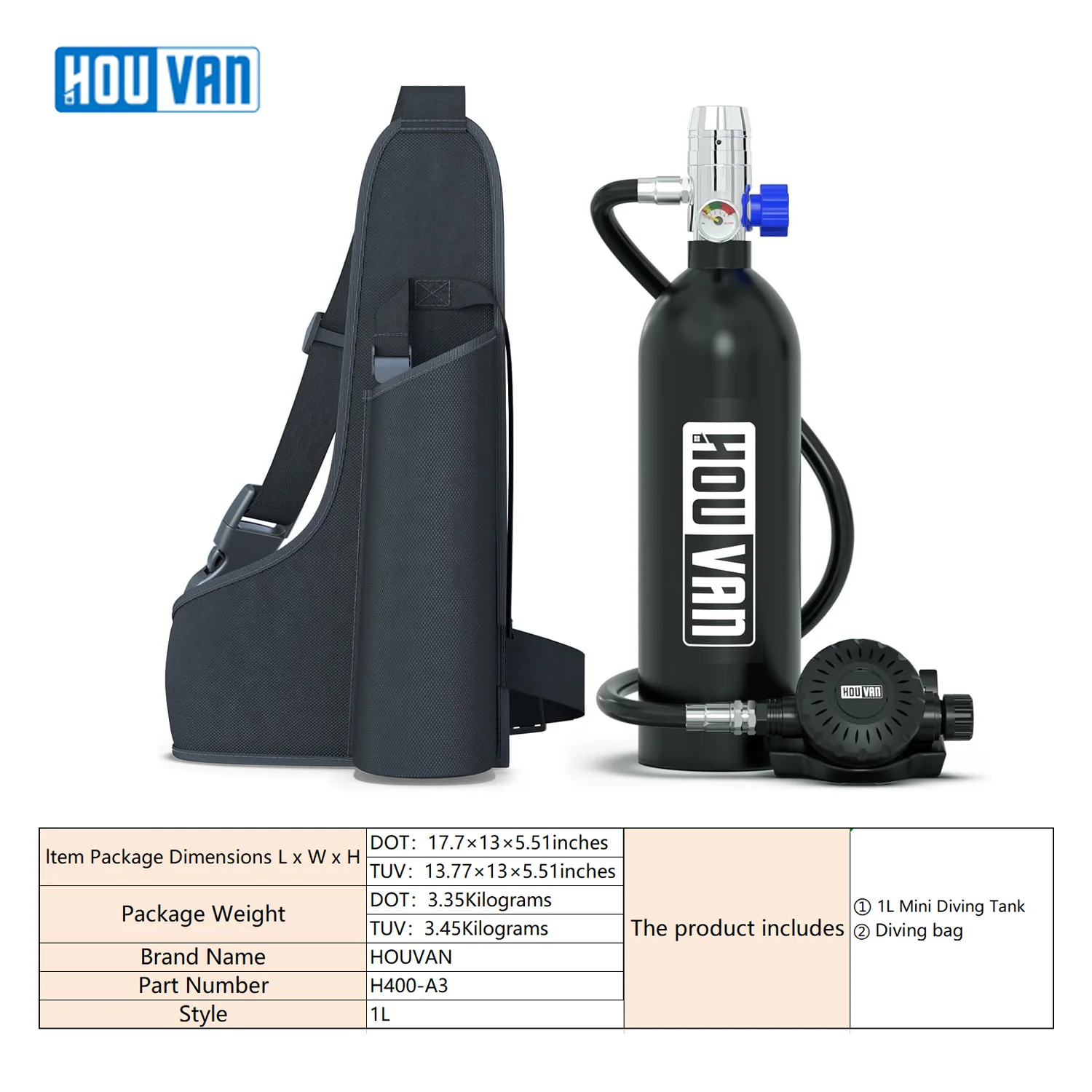 HOUVAN H400 1L Mini Diving tank with diving bag Portable diving gas cylinder lung tank Outdoor travel, swimming Unisex Gifts