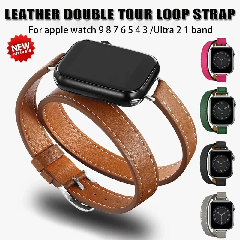 Leather Strap for Apple Watch Band Ultra 2 49mm 40mm 41mm Double Tour 45mm 42mm 44mm for Iwatch Series 9 8 7 6 Se 5 4 3 26 38mm