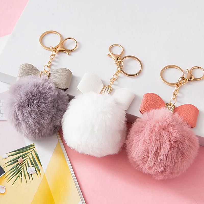 Chaveiro Pompom criativo para mulheres, chaveiro arco PU com strass brilhantes, enfeites de bolsa, acessórios para porta-chaves do carro, moda