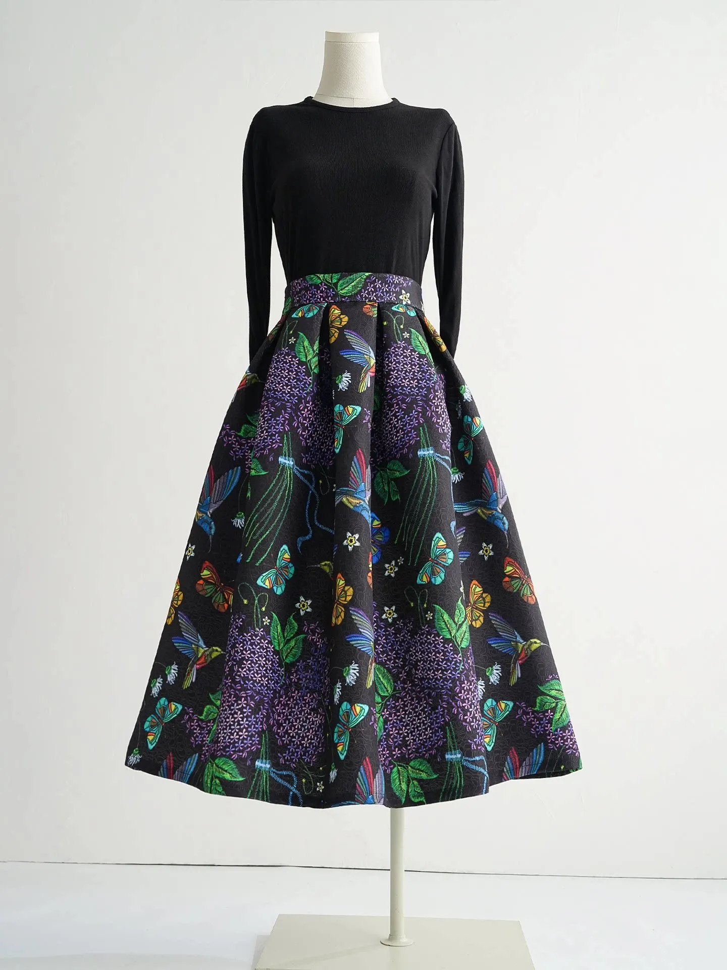2026 New Autumn Winter Vintage Butterfly Printed Black Woolen Skirt All-match High Waist Mid-length Elegant A-line Puffy Skirts
