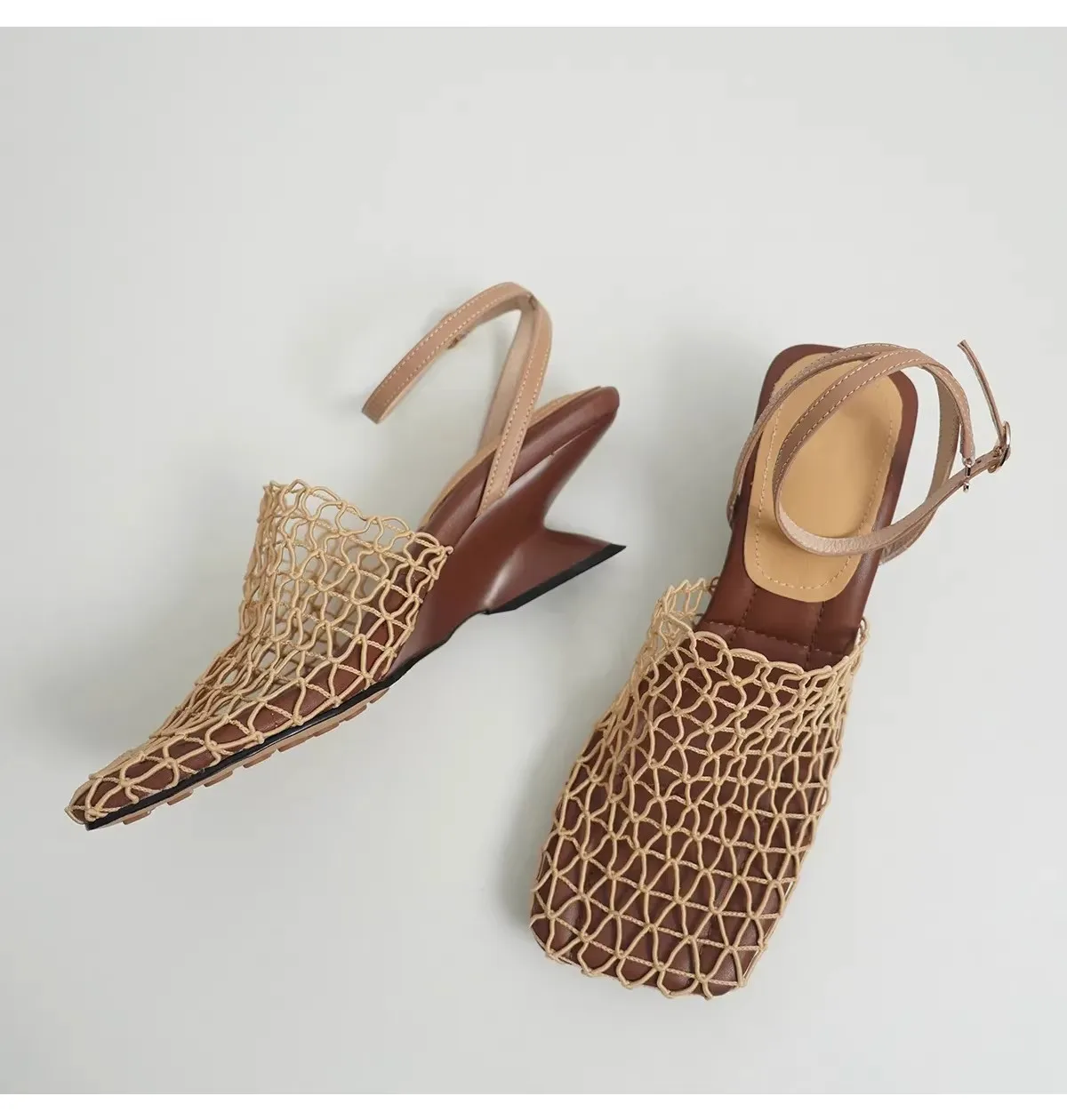

2026 Fashion Designer Sandals Lace Mesh Square-Toe Low-Cut Narrow-Strap High-Heel Sandals