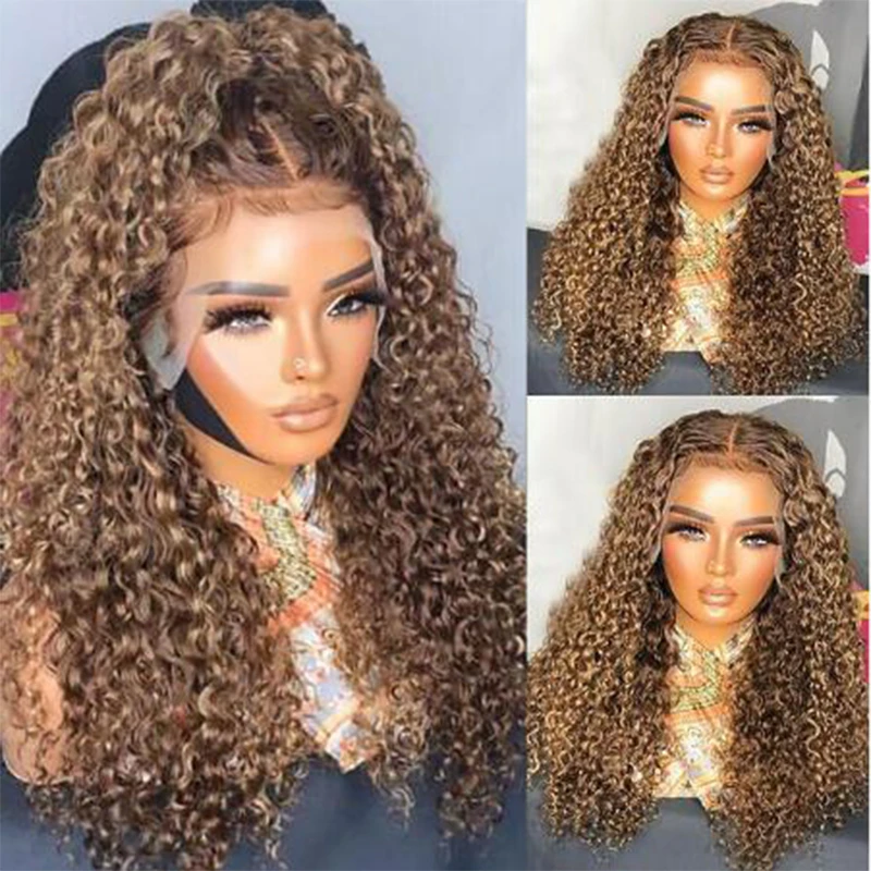 

Ombre Blond Soft Glueless 180 Density Kinky Curly Lace Front Wig For Women BabyHair 26“Long Heat Resistant Preplucked Daily