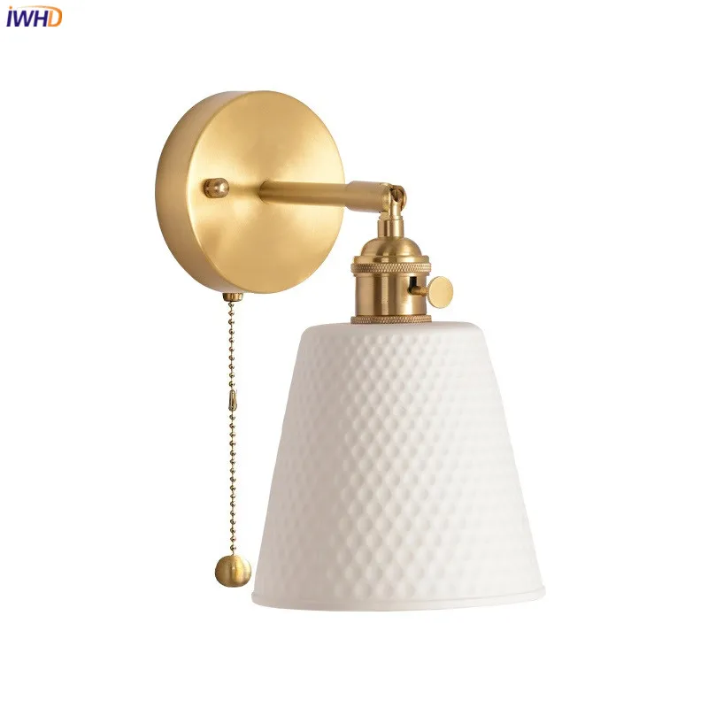 

Copper Ceramic LED Wall Lights Fixtures For Living Room Bedroom Home Decor Pull Chain Switch Beside Wall Lamp Sconce Luminaria