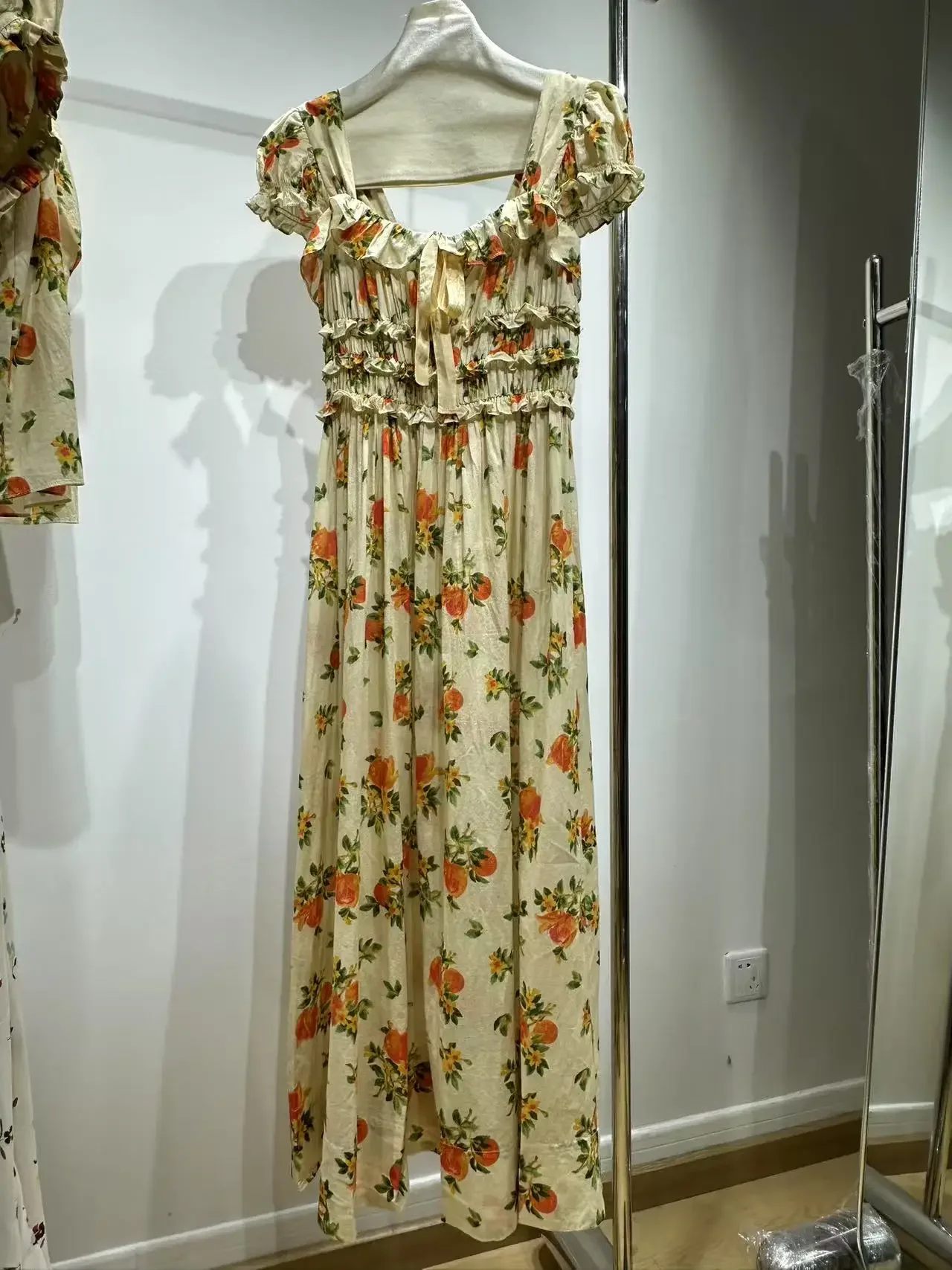 2025 New Women Yellow Flower Print Long Dress Bow Decoration Smocking Elastic Chest Square Collar Short Sleeve Elegant Robe