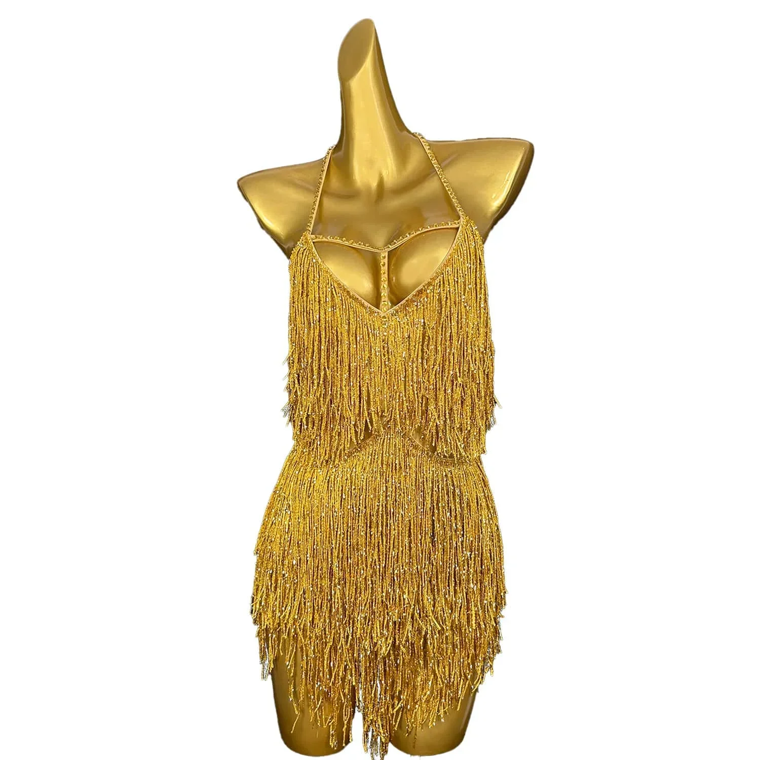 เซ็กซี่ STAGE GOLD Fringes เครื่องแต่งกายเต้นรํา Sparkly เพชรพู่ชุดราตรีวันเกิดพรหมสวมใส่ Club Performance Gown