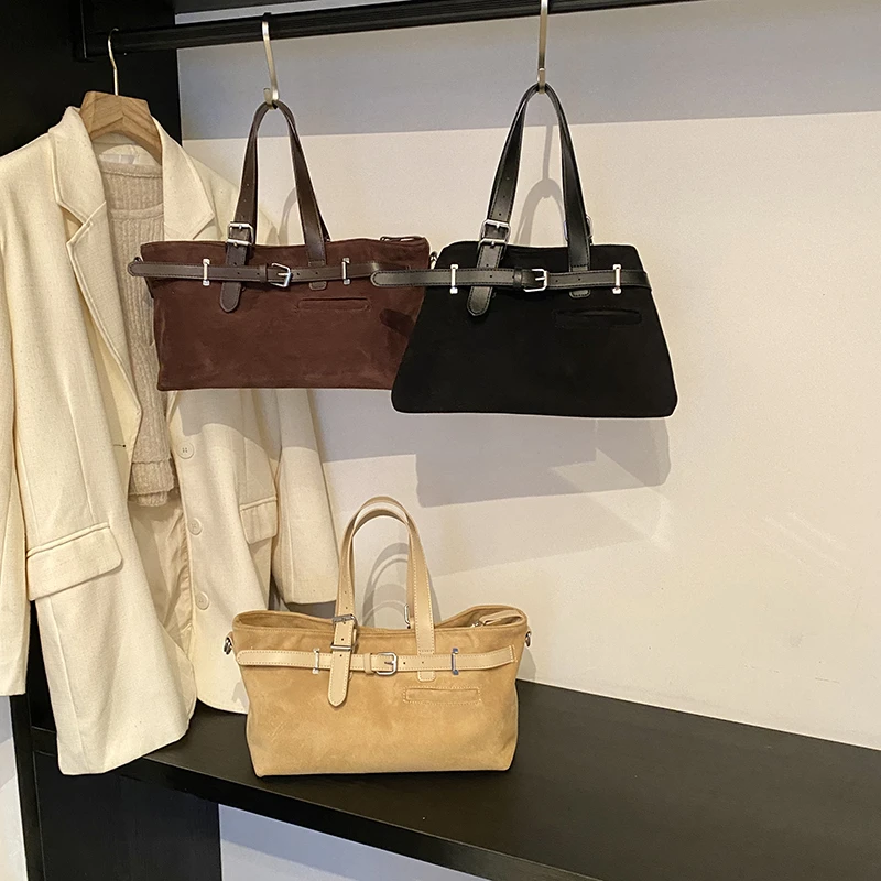 Belt Buckle Design Top-handle Bags For Women Soft Suede Large Capacity Shoulder Cross Body Bag 2024 Winter New Designer Handbags