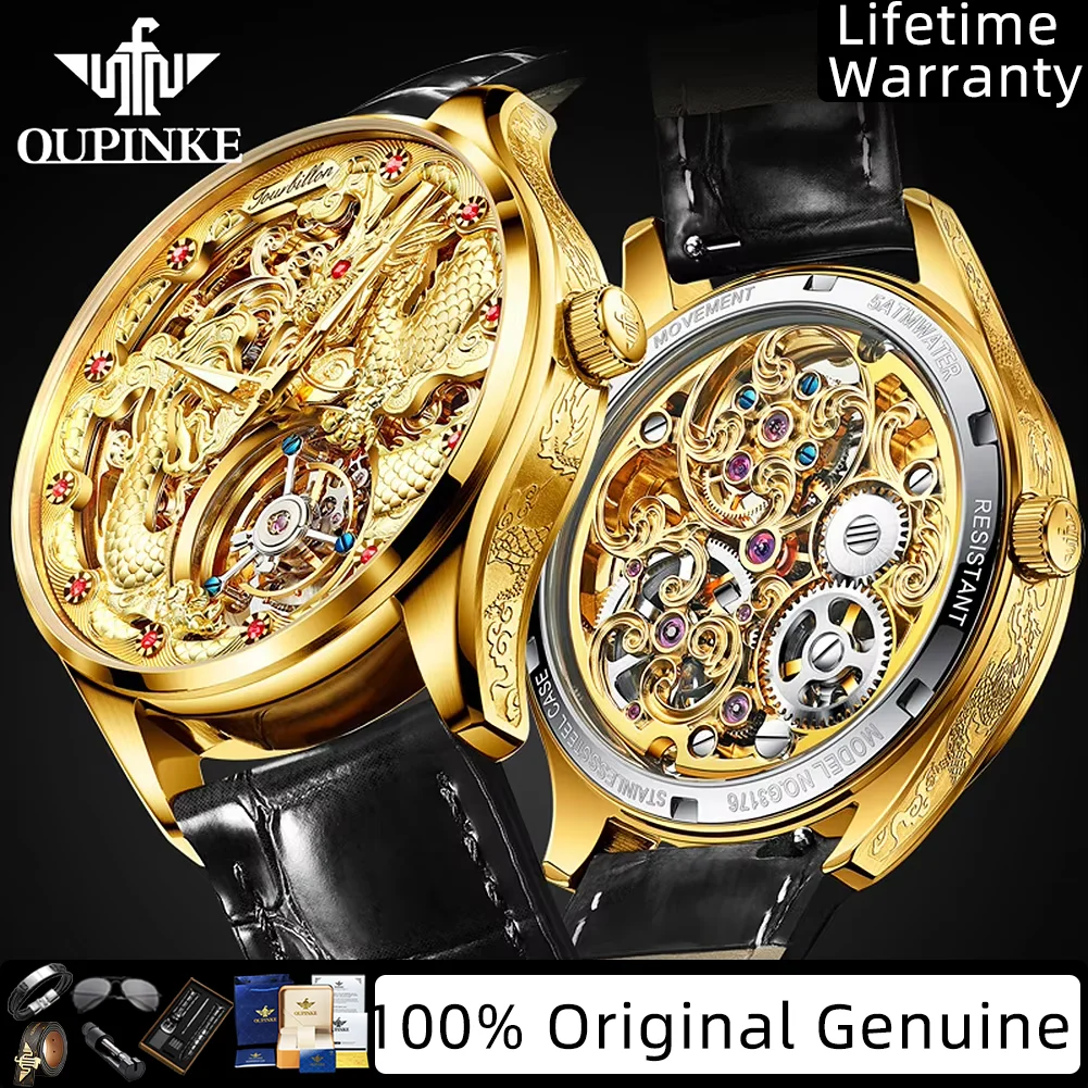 OUPINKE Real Tourbillon Watch for Men Double Sided Skeleton Watch Original Top Brand Luxury Automatic Mechanical Wristwatch 3176