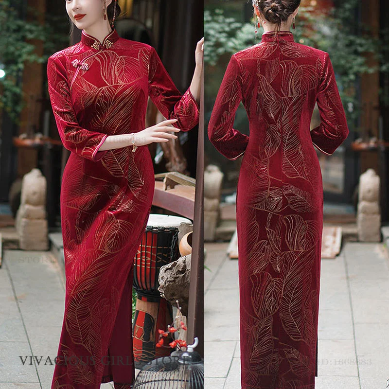 

Женское длинное вельветовое платье-ципао больших размеров (3XL-5XL), традиционный китайский костюм, сексуальное, облегающее, с разрезом, элегантное китайское платье-ципао, Vestidos