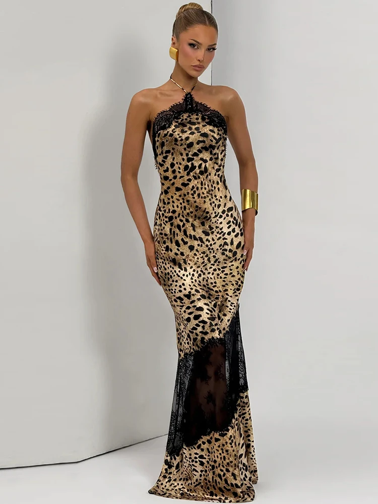 Weird Puss Hottie Rückenfreies Kleid für Damen, Leopardenmuster, Spitzen-Patchwork, ärmellos, Neckholder, Bandagen, modisch, sexy, Party, Club, figurbetont – Detail 5
